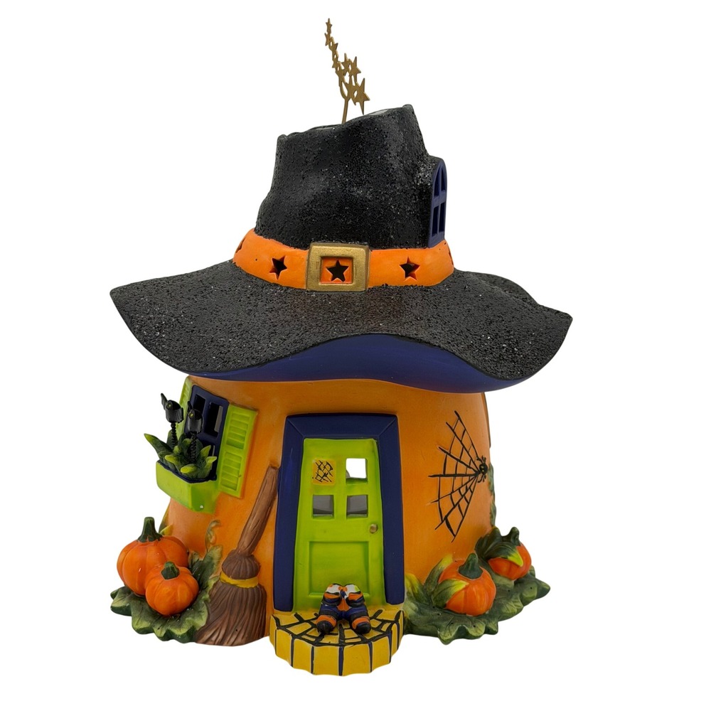 Vtg PartyLite Halloween Pumpkin Witch Hat Tealight House P8661 Orange Decor 8in